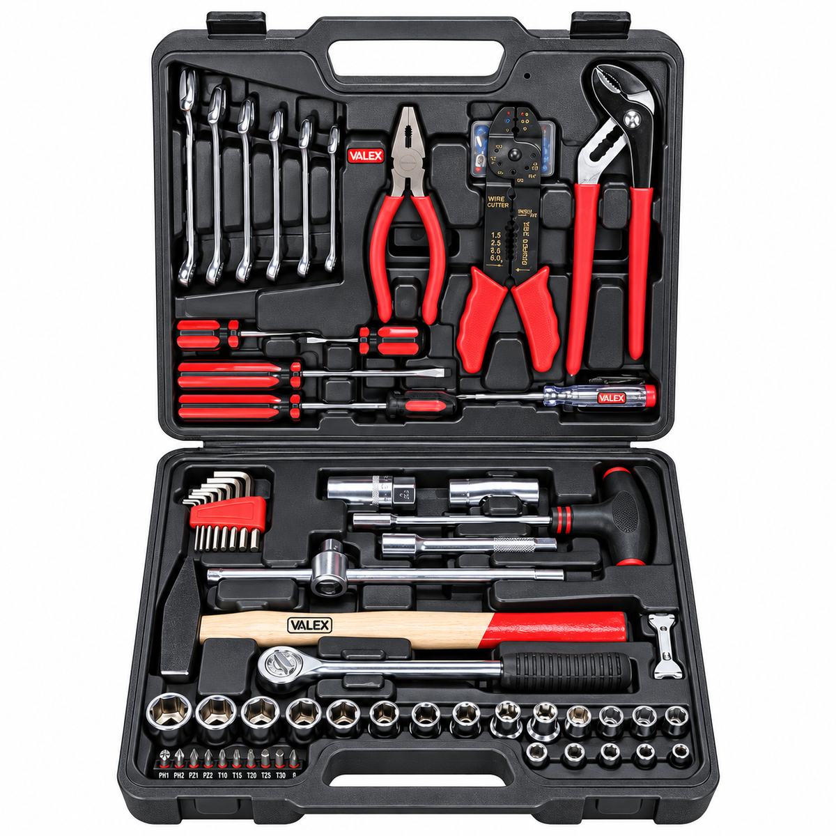 Coffret d’outillage 100 pièces VALEX 1980032 avec tournevis, clés, pinces, douilles, cliquet, marteau et accessoires en valise | SQES Tunisie
