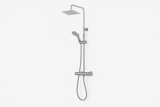Colonne de douche réglable acier inoxydable 304 FRAMO – pomme XXL 200x200mm effet pluie, mitigeur thermostatique 2 sorties anti-brûlure, kit complet
