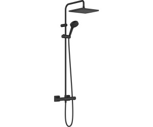 Colonne de douche réglable noire mat FRAMO – pomme XXL 200x200mm effet pluie, mitigeur thermostatique 2 sorties, douchette incluse, kit complet
