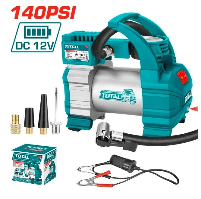 Compresseur d'air portable TOTAL TTAC1406 12V 10 bar – débit 35L/min, 10A, 1,75kg, garantie 1 an, gonflage pneus voiture moto vélo scooter
