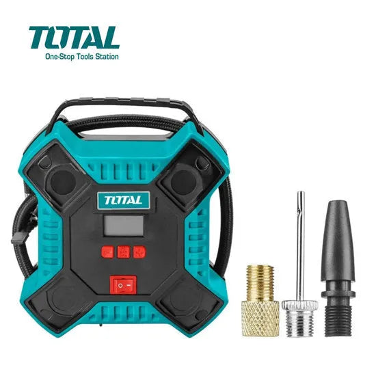 Compresseur d'air portable TOTAL TTAC1601 12V 11 bar (160 PSI) – 35L/min, LED intégrée, câble 3m, 3 adaptateurs ballons/pneus/lit d'air inclus
