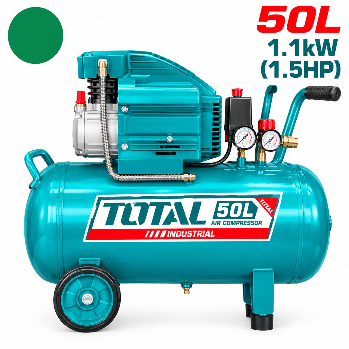 Compresseur d’air TOTAL TC255061E avec cuve 50 L, moteur 1,1 kW / 1,5 CV, pression 8 bar et débit d’aspiration 119 L/min.