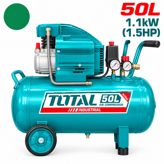Compresseur d’air TOTAL TC255061E avec cuve 50 L, moteur 1,1 kW / 1,5 CV, pression 8 bar et débit d’aspiration 119 L/min.