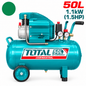 Compresseur d’air TOTAL TC255061E avec cuve 50 L, moteur 1,1 kW / 1,5 CV, pression 8 bar et débit d’aspiration 119 L/min.