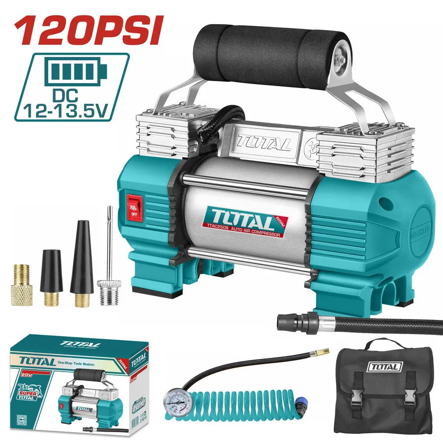 Compresseur d'air TOTAL TTAC2506 12V double piston 120PSI – tuyau 5m, câble 3m clips batterie, 3 LED intégrées, gonflage voiture moto vélo
