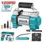 Compresseur d'air TOTAL TTAC2506 12V double piston 120PSI – tuyau 5m, câble 3m clips batterie, 3 LED intégrées, gonflage voiture moto vélo
