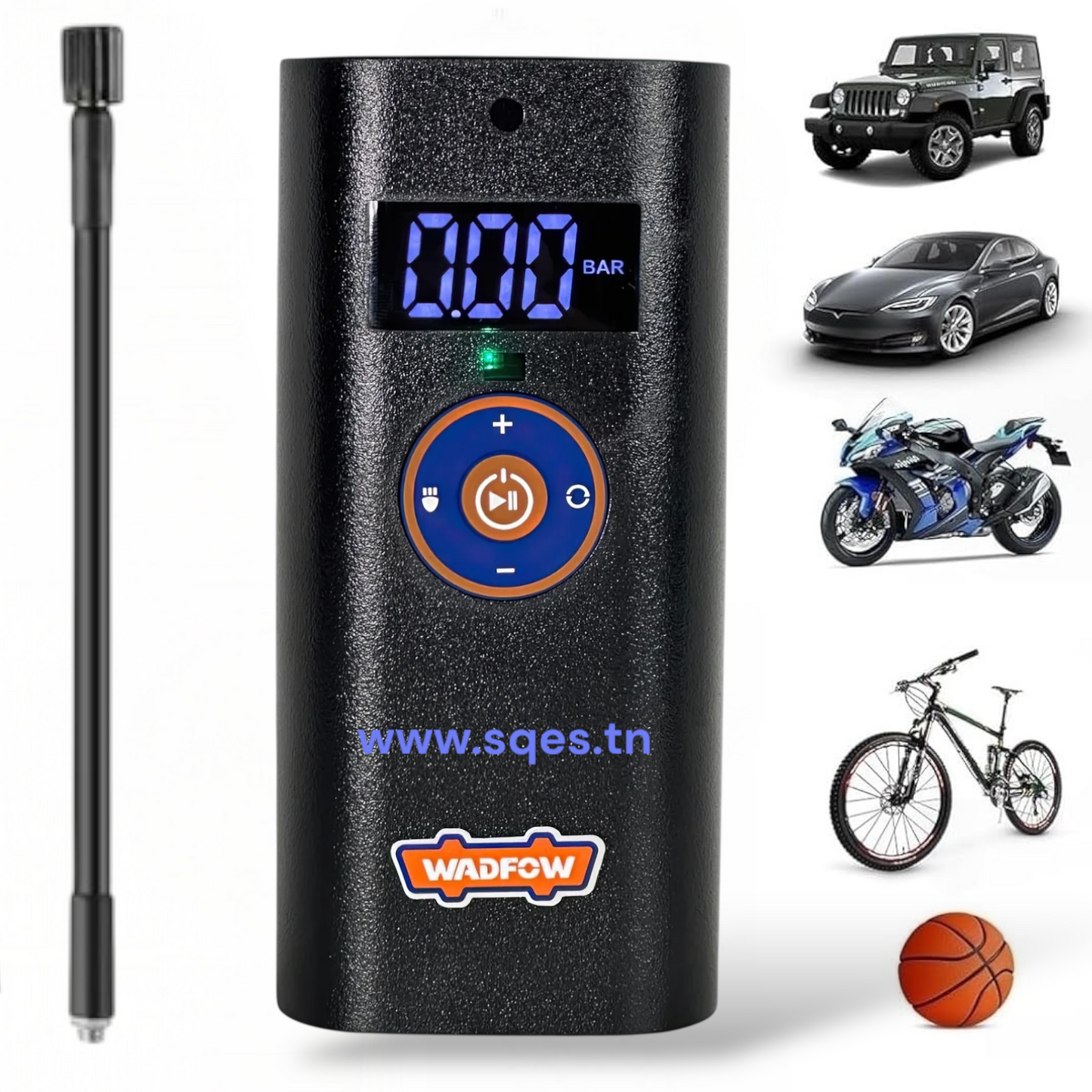 Compresseur Portable WADFOW WAAM572 — 10 Bar 150 PSI 6 L/min USB-C Gonfleur Pneu Voiture Vélo Ballon 3 Adaptateurs Sac Rangement | SQES Tunisie
