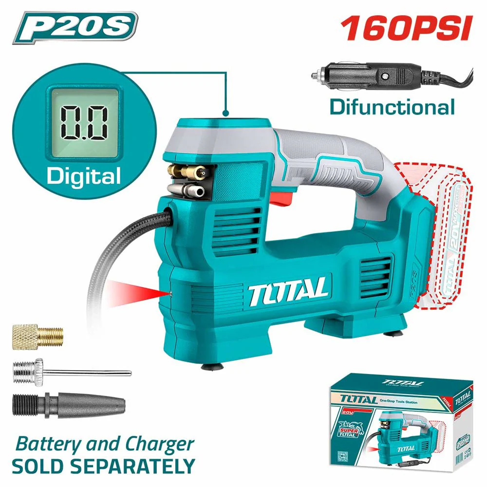 Compresseur Portatif TOTAL TACLI2012 20V P20S 11bar 160PSI 35L/min Éclairage Intégré 1kg 3 Adaptateurs — SQES Tunisie
