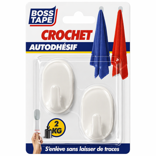 Crochet mural blanc Boss Tape 33mm x 50mm lot de 2 – auto-adhésif sans perçage, serviettes, vêtements, ustensiles et clés
