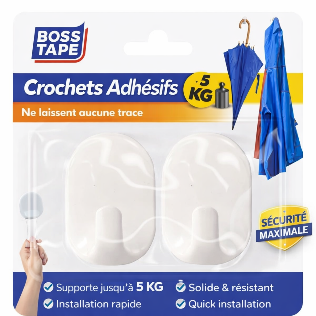 Crochet Mural BOSS TAPE Blanc 45mm – Sans Perçage