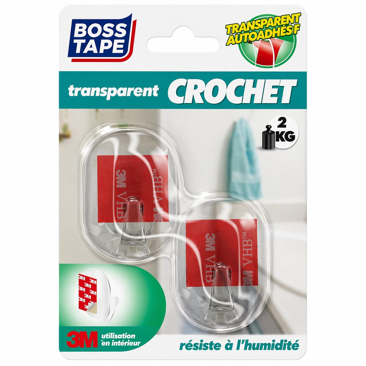 Crochet mural transparent Boss Tape 33mm x 44mm lot de 2 – auto-adhésif sans perçage, salle de bain, cuisine et entrée
