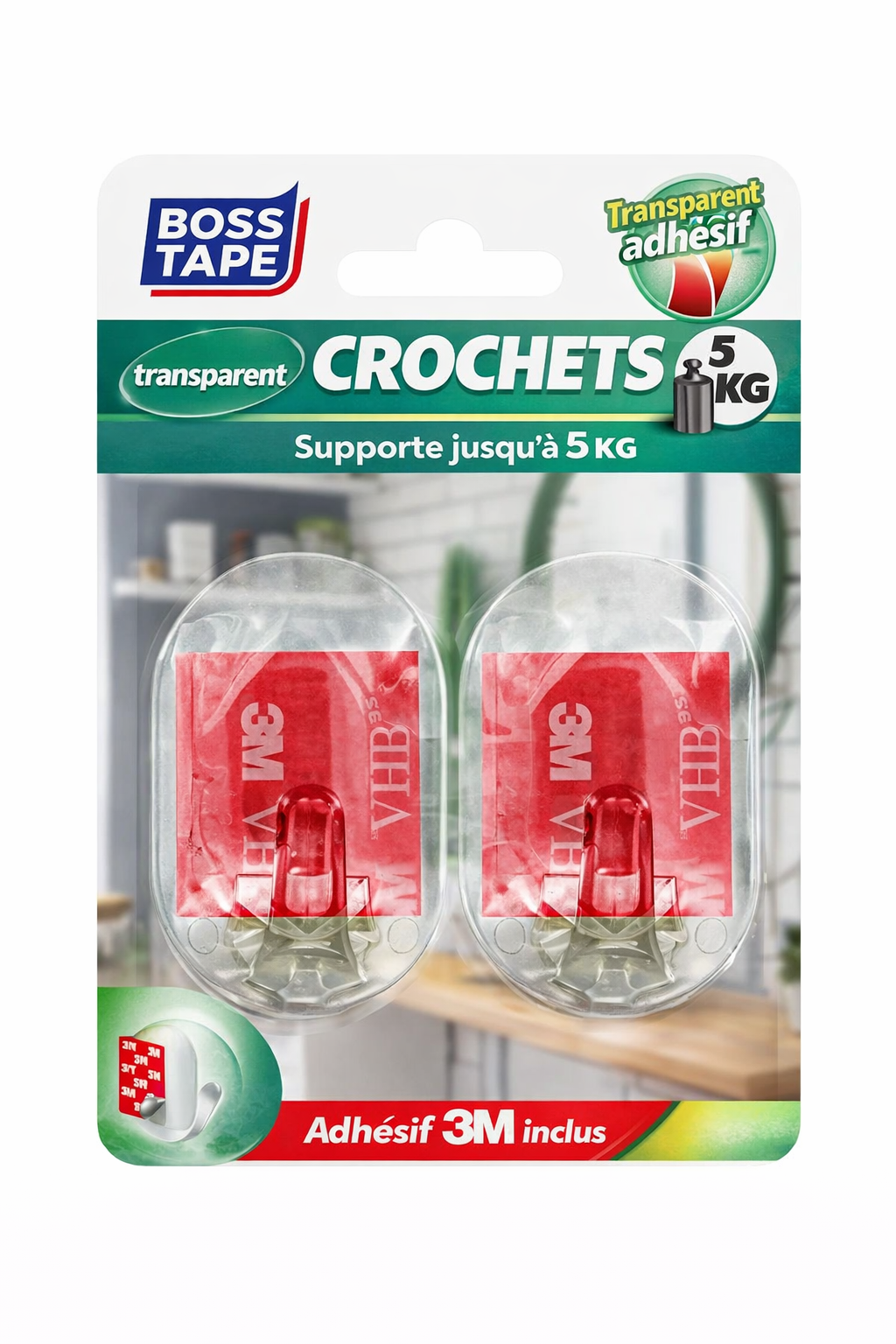 Crochet mural transparent Boss Tape 45mm x 65mm lot de 2 – auto-adhésif sans perçage, salle de bain, cuisine et entrée
