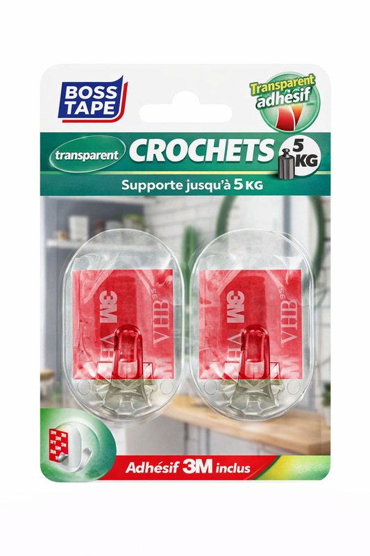 Crochet mural transparent Boss Tape 45mm x 65mm lot de 2 – auto-adhésif sans perçage, salle de bain, cuisine et entrée
