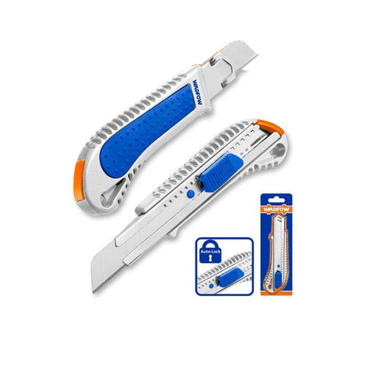 Cutter Professionnel WADFOW WSK4928 — Lame Sécable 18mm Corps Aluminium 155mm Verrouillage Automatique Bouton Plat | SQES Tunisie
