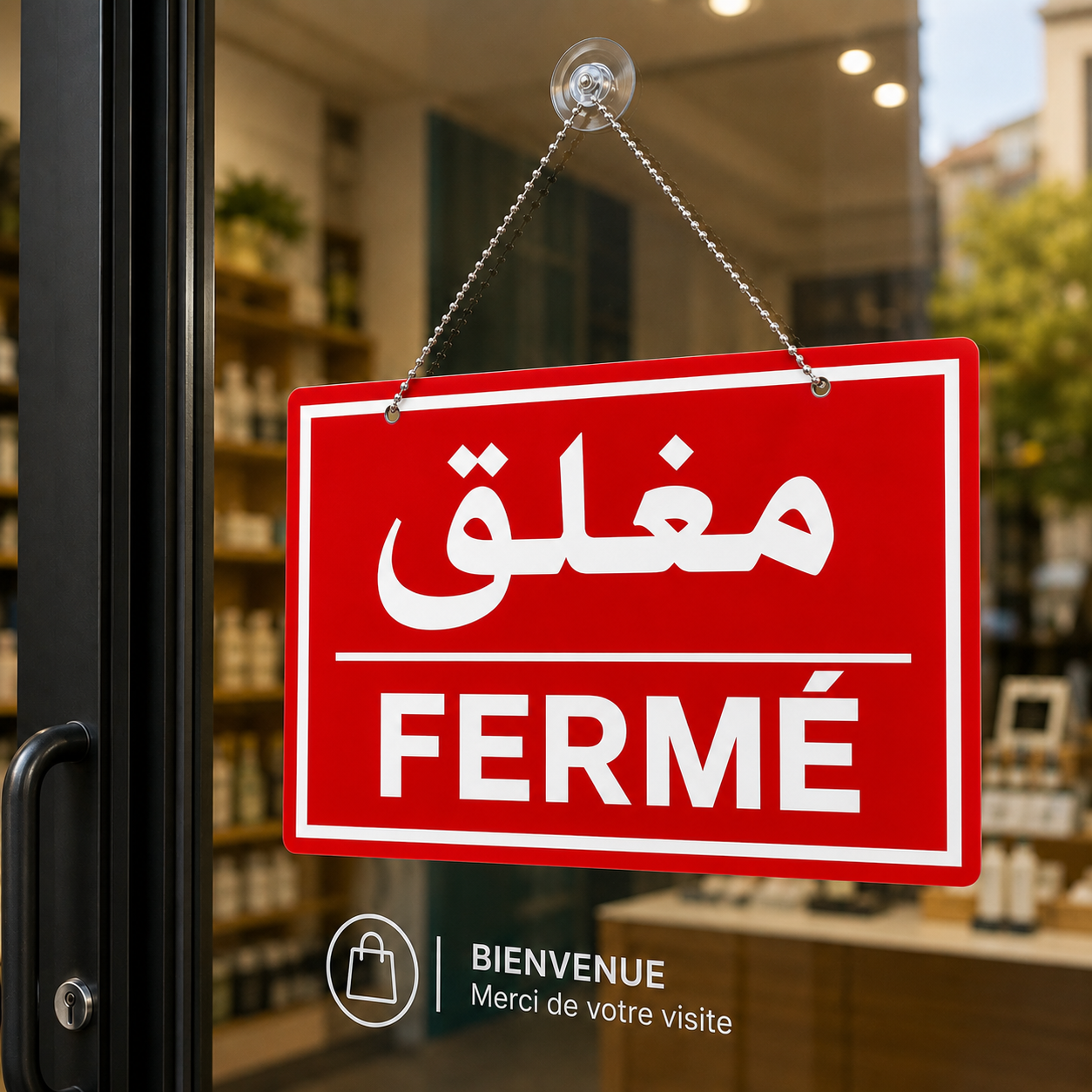 Plaque signalétique FERMÉ مغلق bilingue français-arabe, PVC rouge haute visibilité. Intérieur/extérieur abrité – meilleur prix Tunisie SQES Ariana Menzah 8.