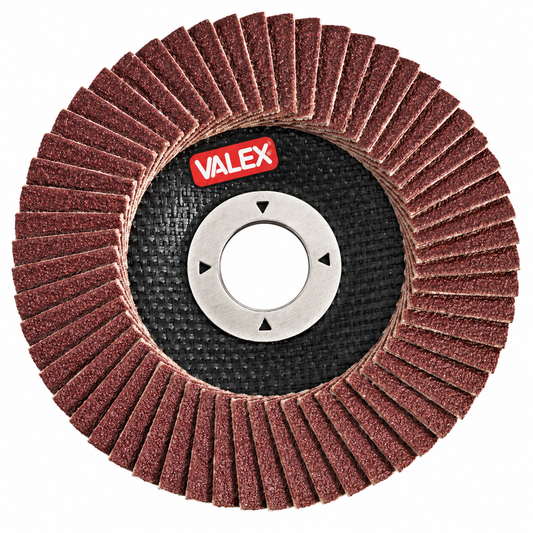 Disques à lamelles VALEX Ø115 mm en grains 40, 60 et 120 pour ponçage, ébavurage et finition avec meuleuses d’angle compatibles.