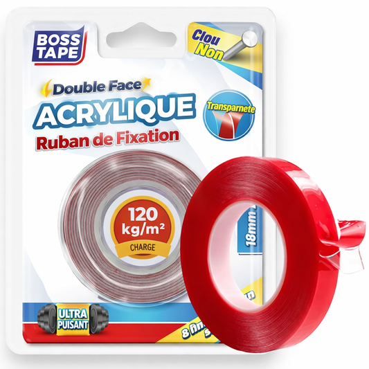 Ruban double face acrylique transparent Boss Tape 18mm x 2m – fixation ultra-puissante jusqu'à 120kg, objets lourds et montage mural
