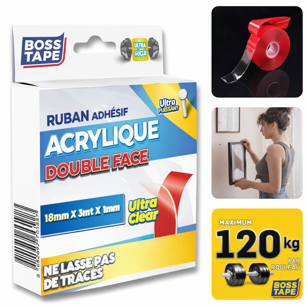 Ruban double face acrylique transparent Boss Tape 18mm x 3m – fixation ultra-puissante jusqu'à 120kg, objets lourds et montage mural
