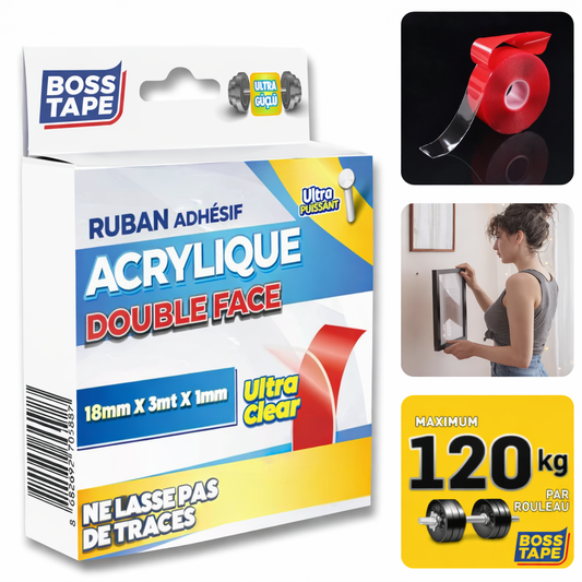 Ruban double face acrylique transparent Boss Tape 18mm x 3m – fixation ultra-puissante jusqu'à 120kg, objets lourds et montage mural
