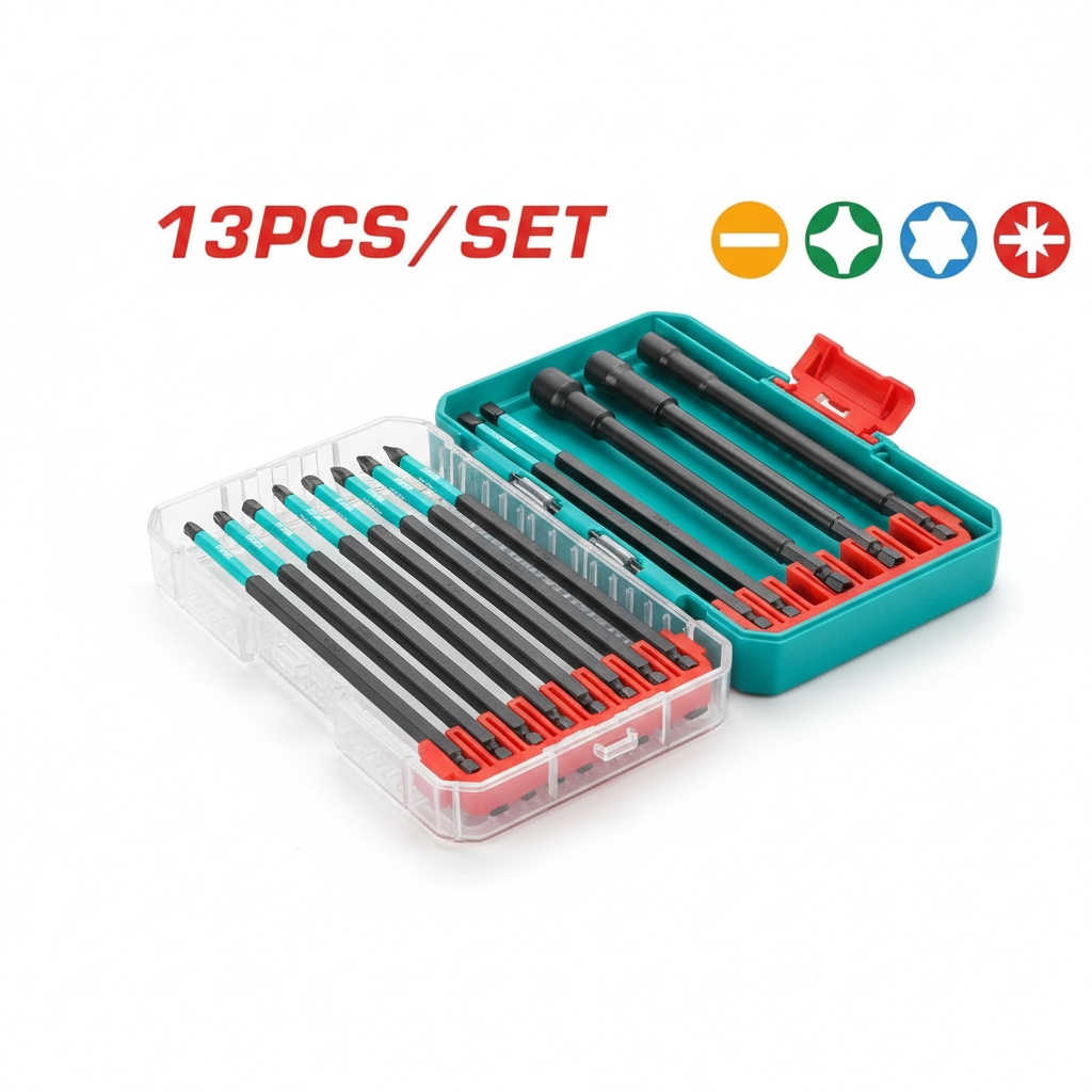 Jeu 13 embouts longs TOTAL TacSDL01306 150mm impact acier S2 + 3 douilles magnétiques – SQES Tunisie
