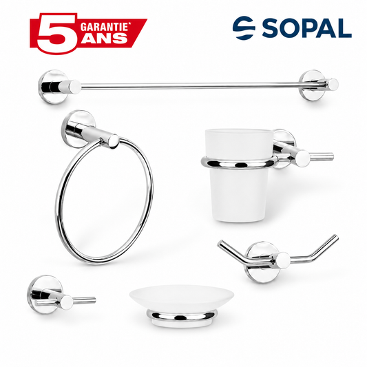 Ensemble 5 accessoires salle de bain SOPAL Série Yasmin réf. Yasmin2 en inox brossé — porte-serviette, porte-savon, anneau, crochet | SQES Tunisie