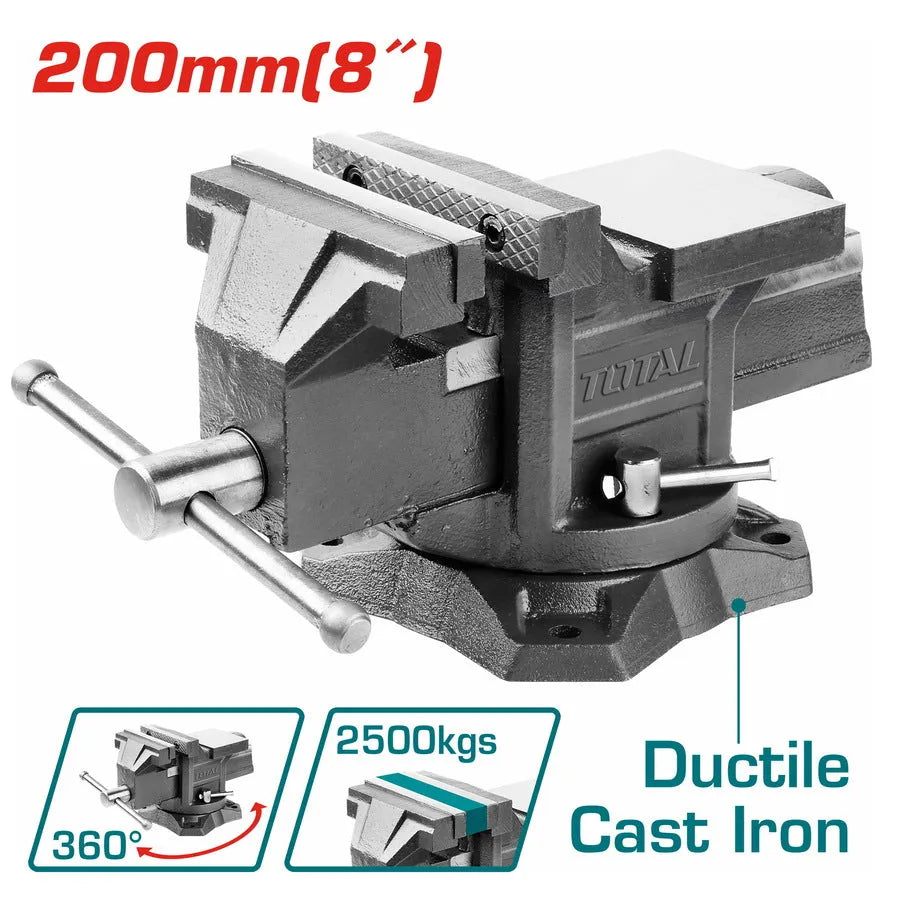 Étau d'établi TOTAL fonte ductile – force 2500kg, 200mm, mécanique menuiserie soudure atelier
