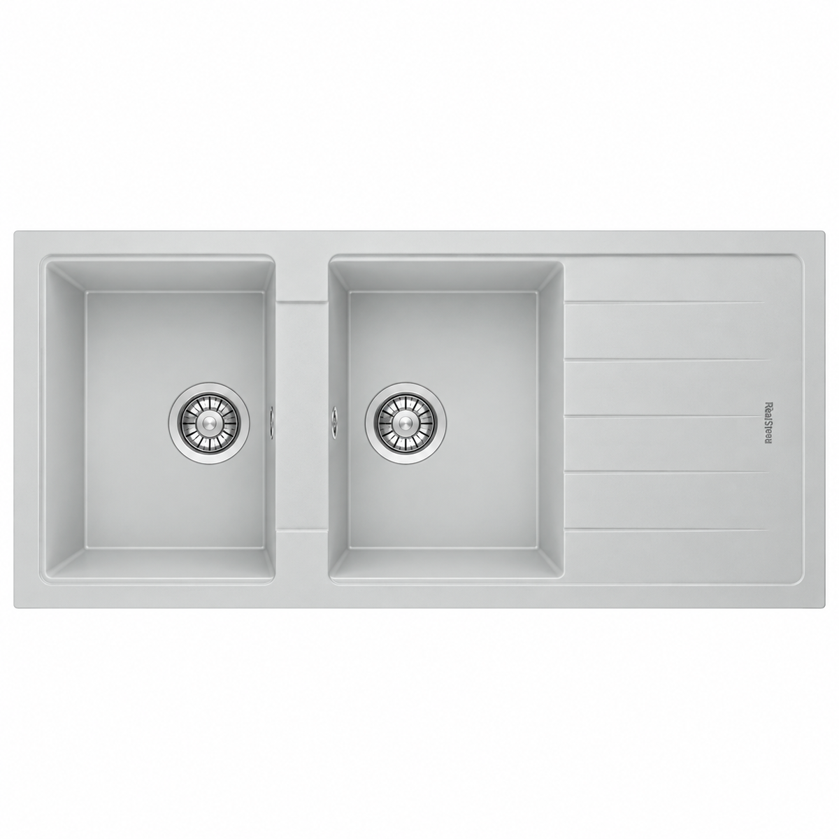 Évier granit RealStone ESİLA P021 Blanc, réf. P2166010511, double cuve avec égouttoir, pour meuble de 700 mm minimum, usage cuisine | SQES Tunisie
