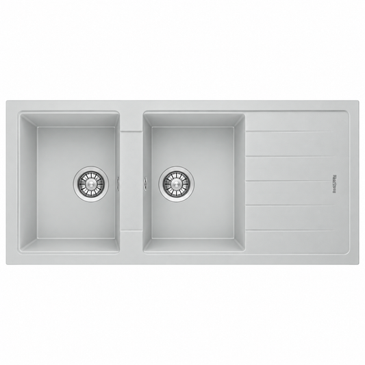 Évier granit RealStone ESİLA P021 Blanc, réf. P2166010511, double cuve avec égouttoir, pour meuble de 700 mm minimum, usage cuisine | SQES Tunisie

