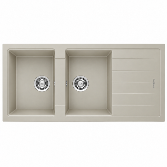 Évier granit RealStone ESİLA P021 Crème, réf. P2166010521, double cuve avec égouttoir, pour meuble de 700 mm minimum, usage cuisine | SQES Tunisie
