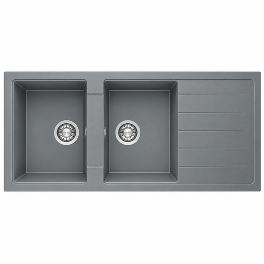 Évier granit RealStone ESİLA P021 Gris, réf. P2166010515, double cuve avec égouttoir, pour meuble de 700 mm minimum, usage cuisine | SQES Tunisie
