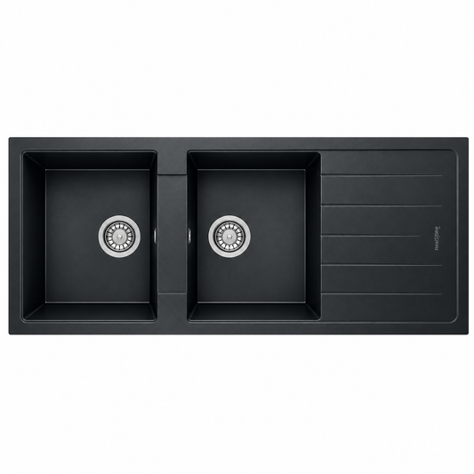 Évier granit RealStone ESİLA P021 Noir, réf. P2166010513, double cuve avec égouttoir, pour meuble de 700 mm minimum, usage cuisine | SQES Tunisie
