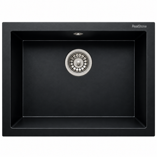 Évier granit RealStone GORDION 60 K012 Noir, 1 cuve, dimensions 600×475 mm, pour meuble de cuisine de 600 mm.
