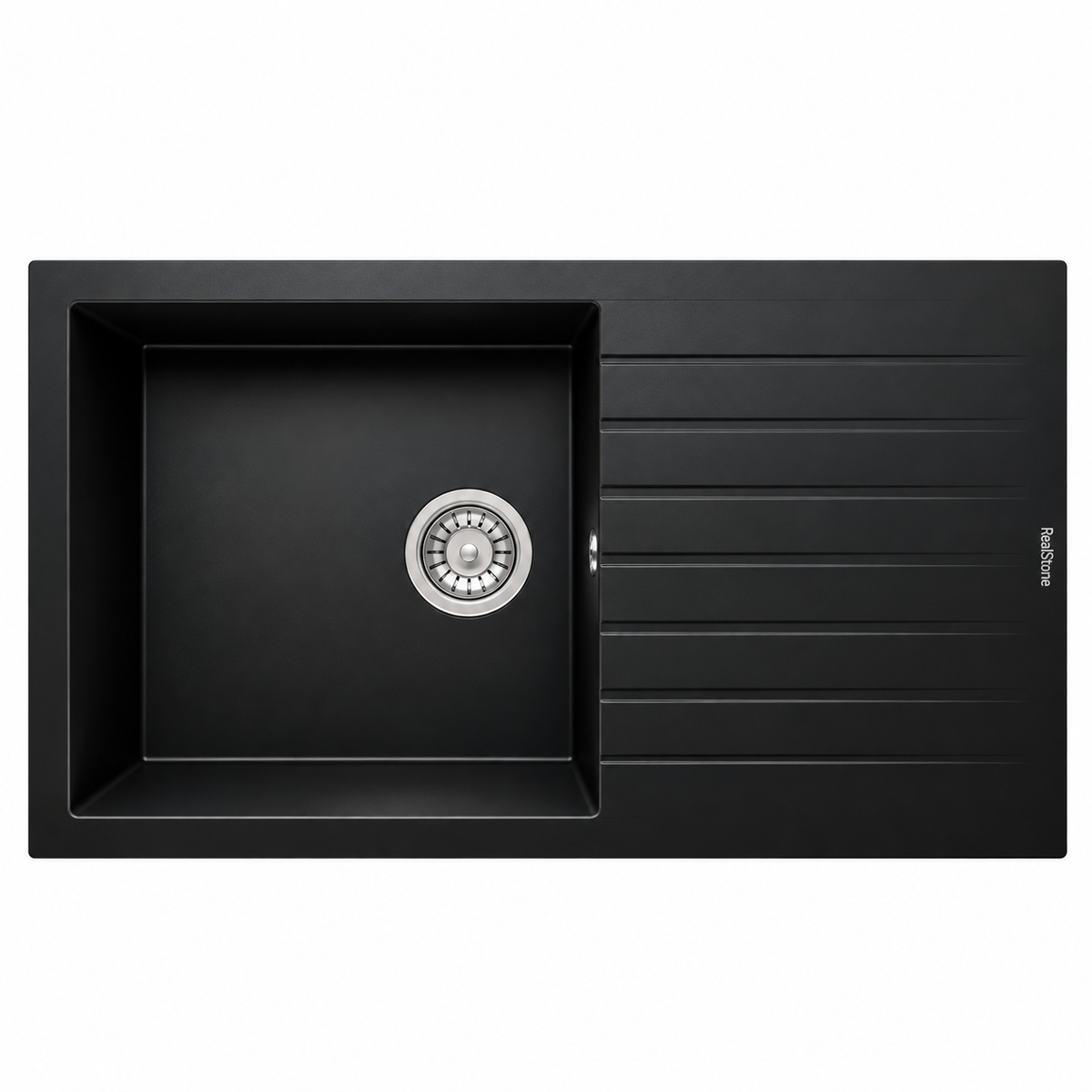 Évier granit RealStone LAODIKYA 86 XL P014 Noir, 860×500 mm, cuve 220 mm avec égouttoir, pose sur plan ou à fleur.