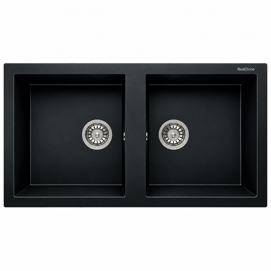 Évier granit RealStone NEMRUT 97 P019 Noir, réf. P1966010313, double cuve, 970 × 520 mm, pour meuble de 800 mm minimum | SQES Tunisie

