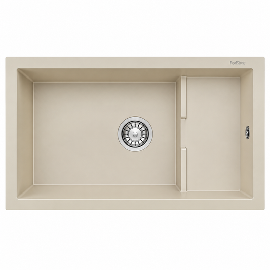 Évier granit RealStone PATARA P017 Crème, réf. P1766010421, deux cuves asymétriques, 770 × 460 mm, pour meuble de 800 mm minimum | SQES Tunisie
