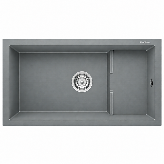 Évier granit RealStone PATARA P017 Gris, réf. P1766010415, deux cuves asymétriques, 770 × 460 mm, pour meuble de 800 mm minimum | SQES Tunisie
