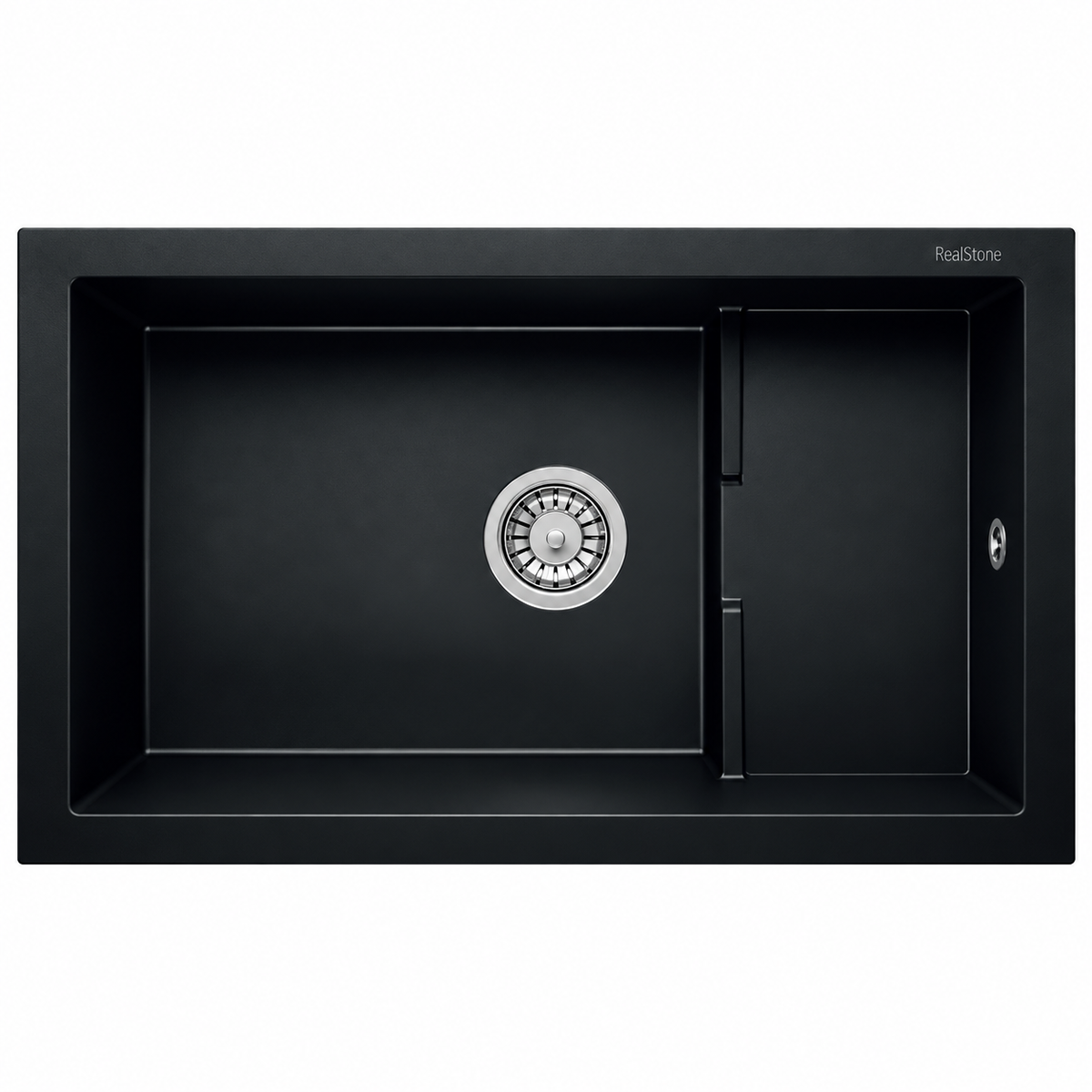 Évier granit RealStone PATARA P017 Noir, 770×460 mm, deux zones de cuve asymétriques, pour meuble de cuisine de 800 mm minimum.