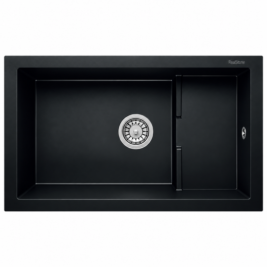 Évier granit RealStone PATARA P017 Noir, 770×460 mm, deux zones de cuve asymétriques, pour meuble de cuisine de 800 mm minimum.