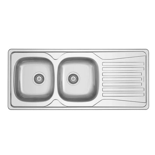 Évier de cuisine inox 1160×500 mm avec deux cuves et égouttoir, pratique pour le lavage, le rinçage et l'égouttage.