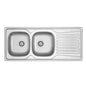 Évier de cuisine inox 1160×500 mm avec deux cuves et égouttoir, pratique pour le lavage, le rinçage et l'égouttage.