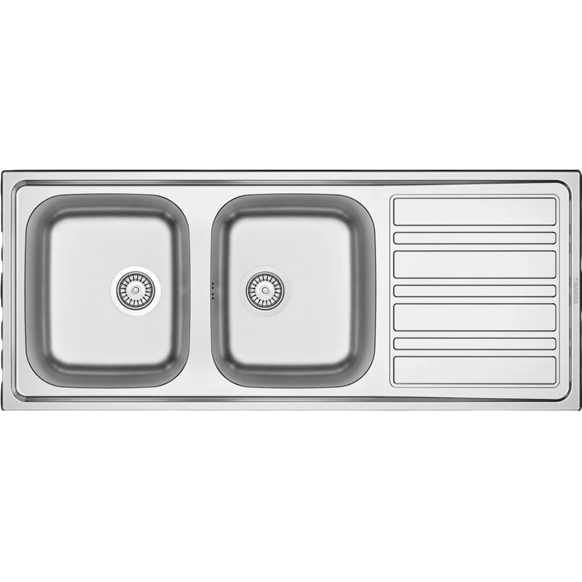 Évier de cuisine inox 1200×500 mm avec 2 cuves et égouttoir, une configuration pratique pour le lavage, le rinçage et l'égouttage.
