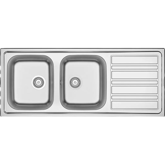 Évier de cuisine inox 1200×500 mm avec 2 cuves et égouttoir, une configuration pratique pour le lavage, le rinçage et l'égouttage.