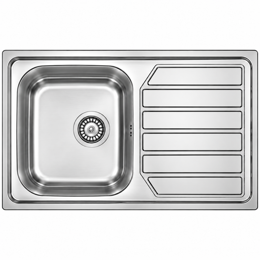 Évier de cuisine inox avec une cuve carrée et un égouttoir. Caractéristiques techniques et dimensions vérifiées disponibles sur SQES.tn.