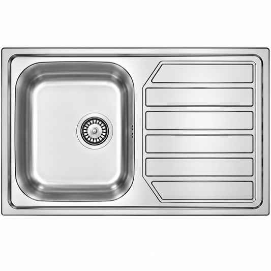 Évier de cuisine inox 800×500 mm avec une cuve et un égouttoir, pratique pour le lavage et l'égouttage en cuisine.