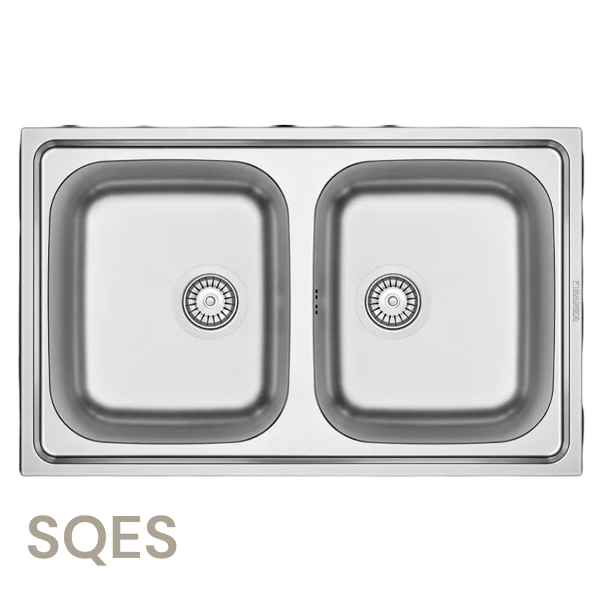Évier inox BANKA 840×480 mm avec 2 cuves carrées 340×400 mm, profondeur 200 mm et pose encastrable.