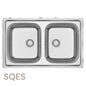 Évier inox BANKA 840×480 mm avec 2 cuves carrées 340×400 mm, profondeur 200 mm et pose encastrable.
