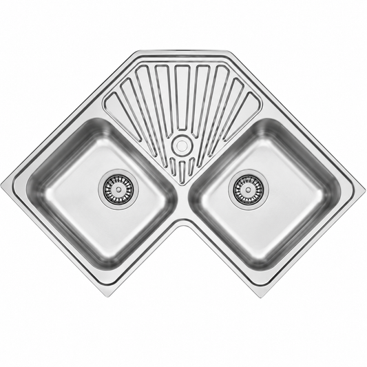 Évier inox d'angle BANKA M27000 830×830 mm, 2 cuves, profondeur 200 mm, pose encastrée et meuble minimum 900×900 mm.