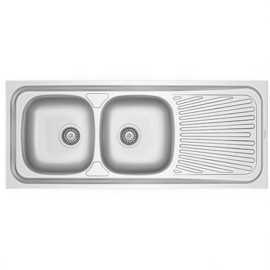 Évier inox à poser avec 2 cuves et égouttoir, disponible en 120×60 et 140×60 cm pour cuisine.