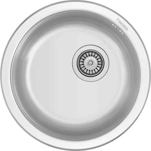 Évier de cuisine en inox 45×38 cm à une cuve, format compact et forme arrondie.