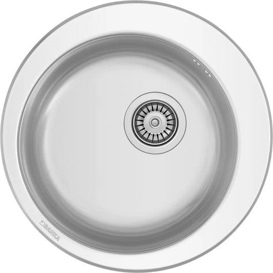 Évier inox BANKA M5000 encastrable à 1 cuve, Ø480 mm, cuve Ø380 mm, profondeur 160 mm et meuble minimum 600 mm.